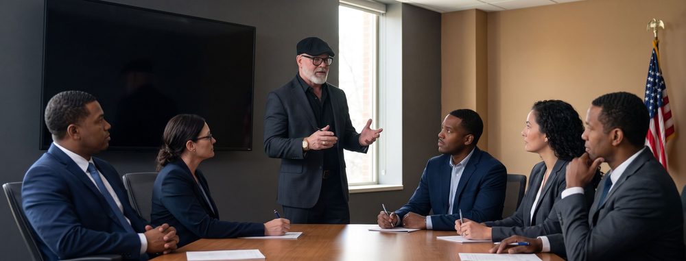 Dr. Paul "Paulie" Gavoni briefing a small government program-office team in a conference room