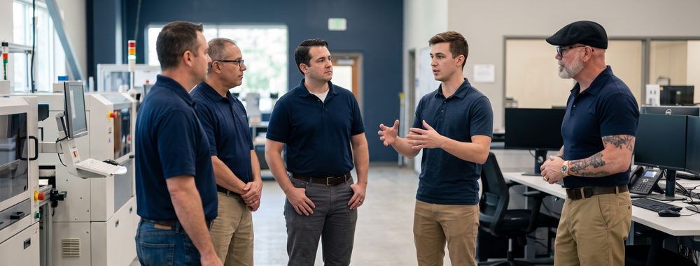 Dr. Paul "Paulie" Gavoni in a conversation with a front-line team on a production floor