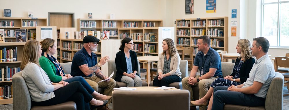 Dr. Paul "Paulie" Gavoni in a circle working session with school staff in a school library