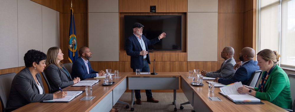 Dr. Paul "Paulie" Gavoni briefing a team of state and local program leaders in a government conference room
